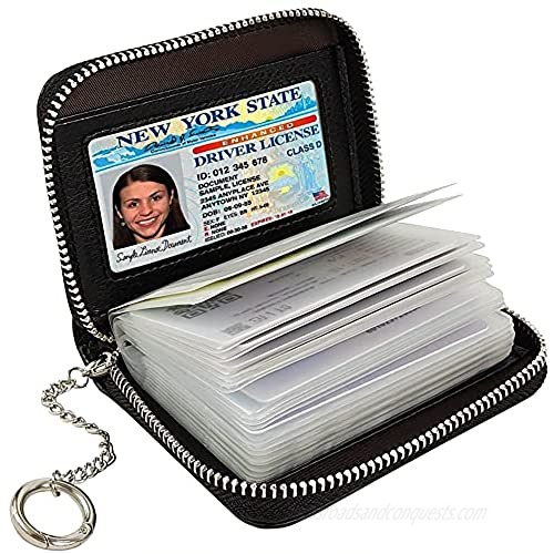 EASTVIO RFID Blocking Credit Card Holder for Women Men Genuine Leather Wallet Organizer Zipper Money Case with Keychain  20 Slots  Black