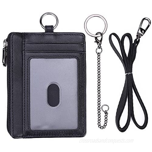 Kinzd Slim Minimalist Zipper Credit Card Holder Leather Front Pocket Wallet with Keychain Ring Lanyard Strap