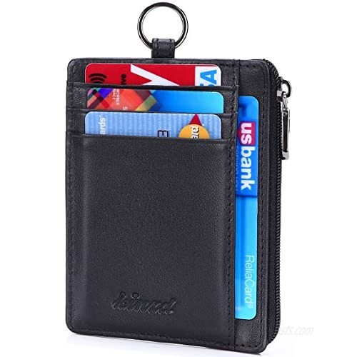 Kinzd Slim Minimalist Zipper Credit Card Holder Leather Front Pocket Wallet with Keychain Ring Lanyard Strap