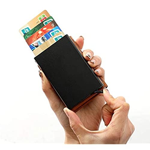 Minimalist Credit Card Holder Aluminum RFID Blocking Wallet Slim Leather Smart Pop-Up Card Case for Men Gift (Light brown)