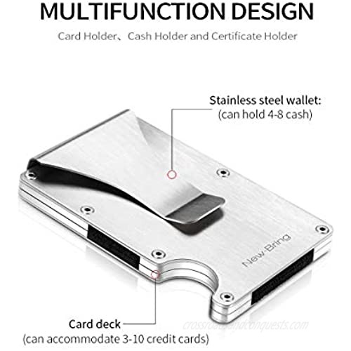 NEW-BRING Slim RFID Credit Card Holder for Men Money Clip Aluminum Metal Wallet Front Pocket Card Case (Silver)