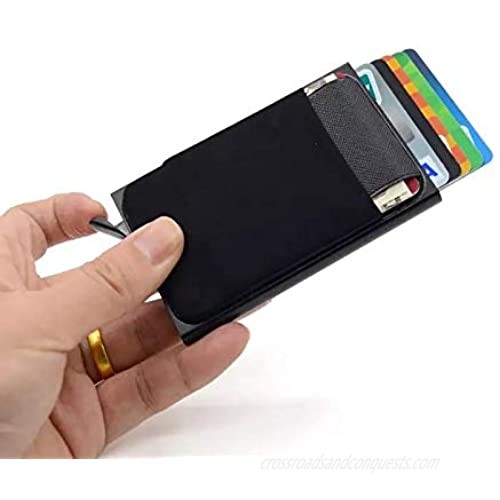 Slim Aluminum Wallet Minimalist Black Color Credit Card Holder With Elastic Back RFID Metal Blocking Card Wallets for Men Women (Black)