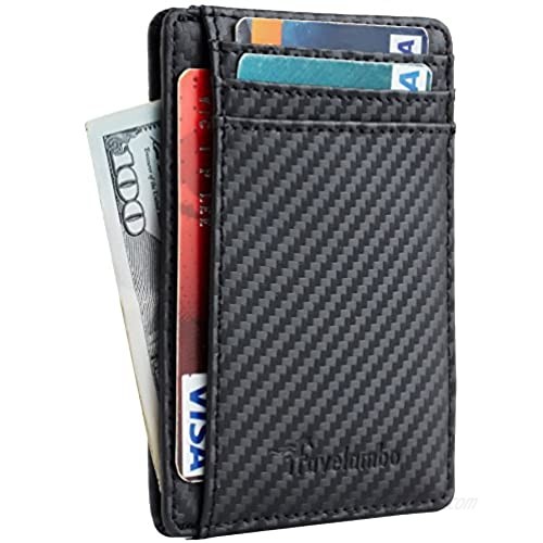 Travelambo Front Pocket Minimalist Leather Slim Wallet RFID Blocking Carbon Fiber Texture(Black)
