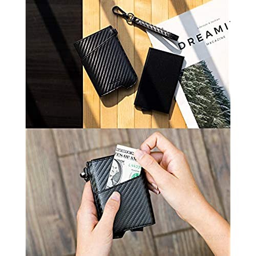 VULKIT Credit Card Holder RFID Blocking Slim Pop Up Aluminum Card Case and Leather Case with Wrist Strap for Women Men