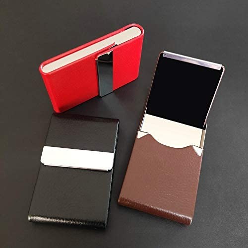 Business Card Holder Case Professional Luxury PU Leather & Stainless Steel Metal Name Card Holder Credit Card ID Wallet for Men & Women with Magnetic Shut (Brown)