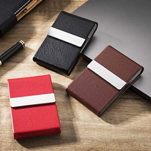 Business Card Holder Case Professional Luxury PU Leather & Stainless Steel Metal Name Card Holder Credit Card ID Wallet for Men & Women with Magnetic Shut (Brown)