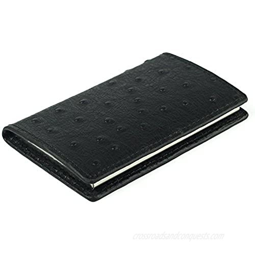 Leather Business Card Holder DPOB Ostrich Grain Leather Business Card Cases / ID Case with Magnetic Shut (Black)