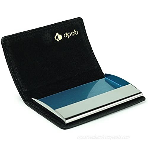 Leather Business Card Holder DPOB Ostrich Grain Leather Business Card Cases / ID Case with Magnetic Shut (Black)