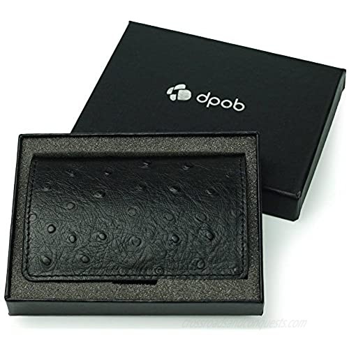 Leather Business Card Holder  DPOB Ostrich Grain Leather Business Card Cases / ID Case with Magnetic Shut (Black)