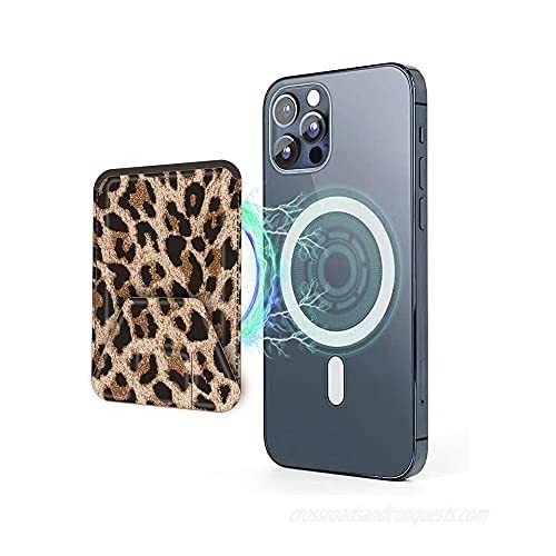LOVE MEI MagSafe Magnet Leather Card Holder Wallet Stand  Foldable Magnetic Credit Card Holder Stick on Phone Back for Women with Strong Magnetic Compatible iPhone 12 Mini Pro Max Case Leopard