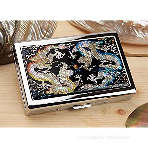 Mother of Pearl Yellow Blue Dragon Design Extra Long 100S Super Slim King Size 16 Cigarette Engraved Metal Steel RFID Blocking Protection Credit Business Card US Bill Cash Holder Case Storage Box