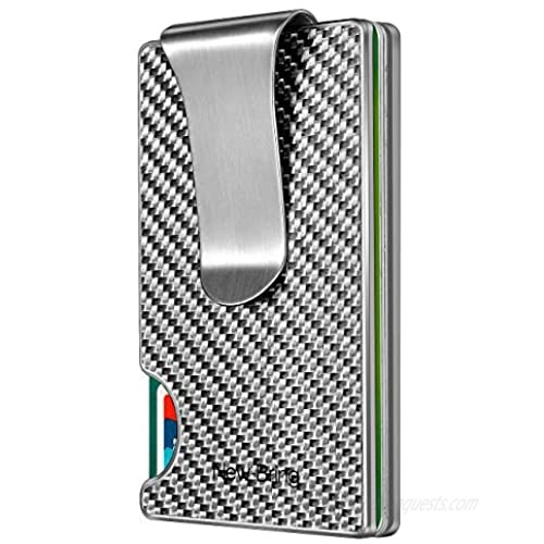 NEW-BRING Slim RFID Carbon Fiber Credit Card Holder for Men Removable Money Clip Aluminum Metal Wallet Front Pocket Card Case (Silver)