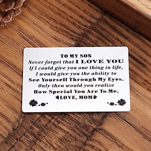 Personalized Engraved Wallet Insert Card for Son - I Love You - Graduation Birthday Christmas Deployment - Unique Message Metal Cards for Him from Mom Mather