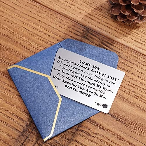Personalized Engraved Wallet Insert Card for Son - I Love You - Graduation Birthday Christmas Deployment - Unique Message Metal Cards for Him from Mom Mather