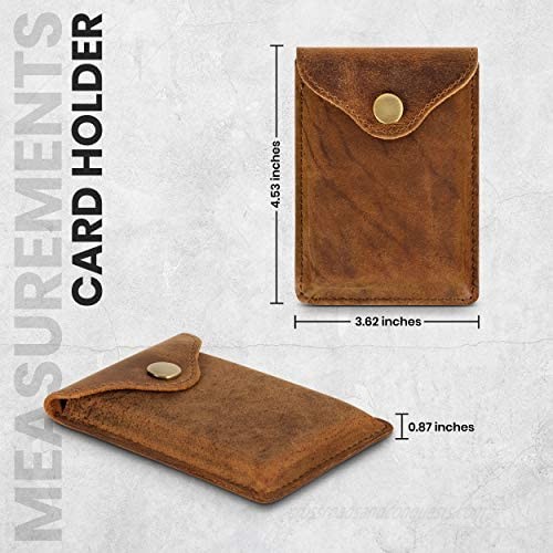 Rugged Authority Brown Leather Card Holder with RFID Protection. Distressed leather Business Card Holder or Credit Card Wallet for Men or Women for your pocket or purse