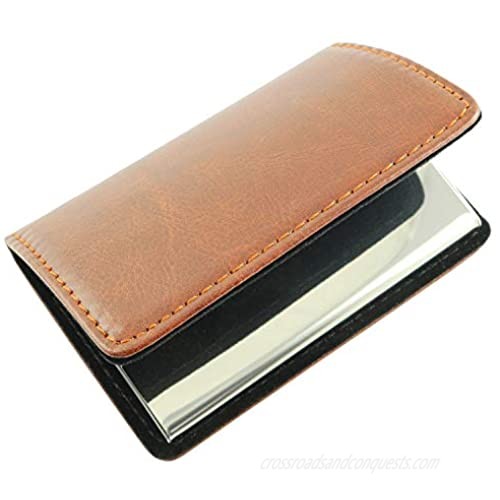 RuiLing 1-Pack Business Name Card Holder with Magnetic Closure Smooth PU Leather and Premium Stainless Steel Wallet Case for Credit Card ID Cards(Brown)