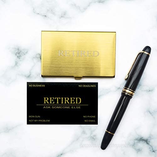 RXBC2011 Retired Business Cards Funny Retirement Gift (Pack of black card 50/With Gold Stainless Steel Case) For Retired Men Women Coworkers Employees Boss Friend Colleague