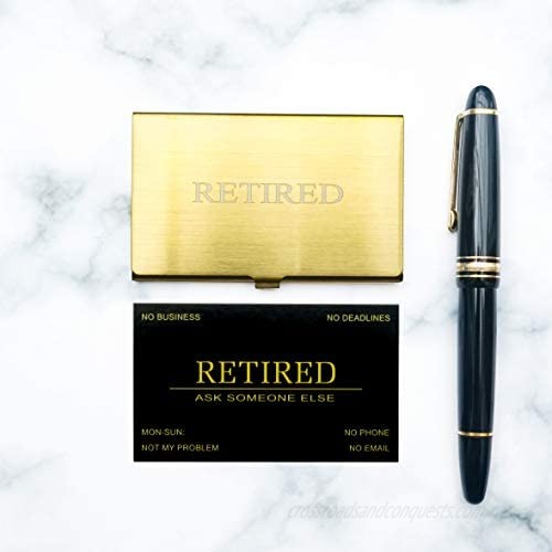 RXBC2011 Retired Business Cards Funny Retirement Gift (Pack of black card 50/With Gold Stainless Steel Case) For Retired Men Women Coworkers Employees Boss Friend Colleague