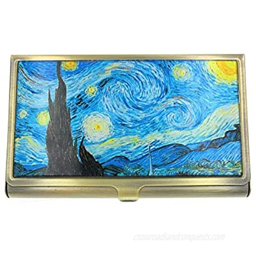 Starry Nights Business Card Holder Case  Vincent Van Gogh  Brass and Glass