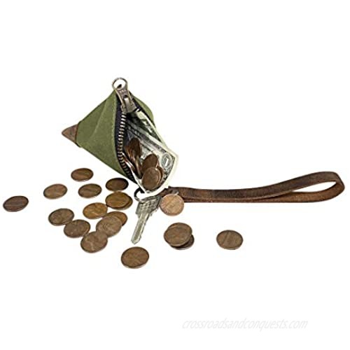 Hide & Drink Tiny Sack Handmade from Canvas and Full Grain Leather - Small Compact Convenient Pouch for Change Cash Personal Items - With Keyring Attachment Zipper Pocket and Strap - Olive Green
