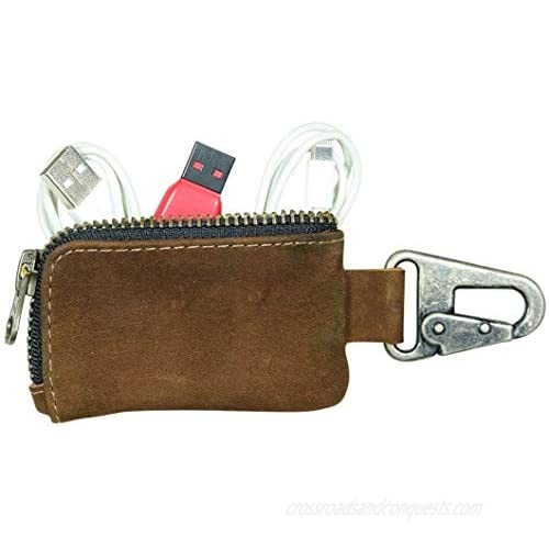 Tuzech Leather Car Key Holder Headphone & Charging Cables/Memory Cards/Flash Drives/Cash Zipper Case with Clasp Handmade - 5.75x2.25 Inches (Bourbon Brown)