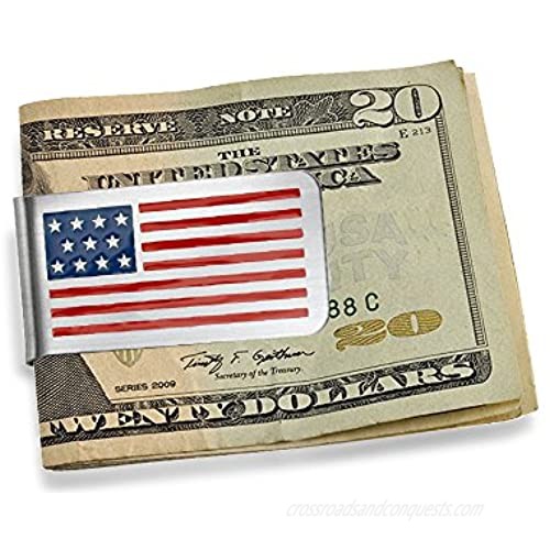 Bling Jewelry Personalize Patriotic USA American Flag Red White Blue Stars Stripes Money Clip for Men Dad Plain Engravable Credit Card Enamel Silver Tone Stainless Steel