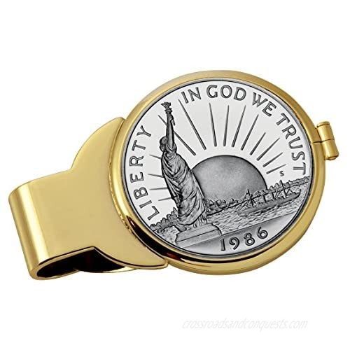Coin Money Clip - 1986 Statue of Liberty Commemorative Half Dollar | Brass Moneyclip Layered in Pure 24k Gold | Holds Currency  Credit Cards  Cash | Genuine U.S. Coin | Certificate of Authenticity