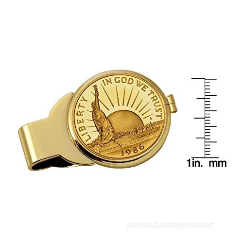 Coin Money Clip - 1986 Statue of Liberty Commemorative Half Dollar Layered in Pure 24k Gold | Brass Moneyclip Layered in Pure 24k Gold | Holds Currency Credit Cards Cash | Genuine U.S. Coin