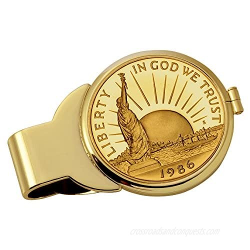 Coin Money Clip - 1986 Statue of Liberty Commemorative Half Dollar Layered in Pure 24k Gold | Brass Moneyclip Layered in Pure 24k Gold | Holds Currency  Credit Cards  Cash | Genuine U.S. Coin