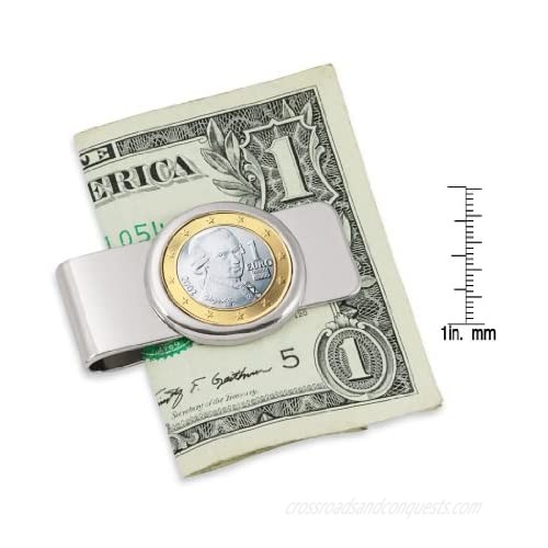 Coin Money Clip - Austrian One Euro | Brass Moneyclip Layered in Silver-Tone Rhodium | Holds Currency Credit Cards Cash | Genuine Coin | Includes a Certificate of Authenticity
