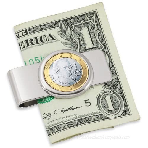 Coin Money Clip - Austrian One Euro | Brass Moneyclip Layered in Silver-Tone Rhodium | Holds Currency  Credit Cards  Cash | Genuine Coin | Includes a Certificate of Authenticity