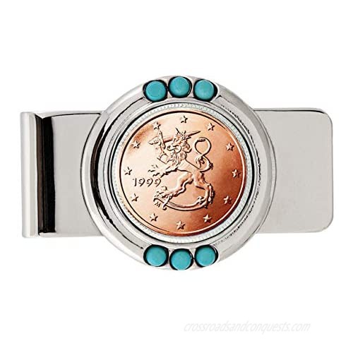 Coin Money Clip - Finland Two Euro | Brass Moneyclip Layered in Silver-Tone Rhodium with Genuine Turquoise Stones | Holds Currency Credit Cards Cash | Genuine Coin | Certificate of Authenticity