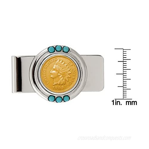 Coin Money Clip - Indian Penny Layered in Pure 24k Gold | Brass Moneyclip Layered in Silver-Tone Rhodium | Genuine Turquoise Stones | Holds Currency Credit Cards Cash | Genuine US Coin | Certificate