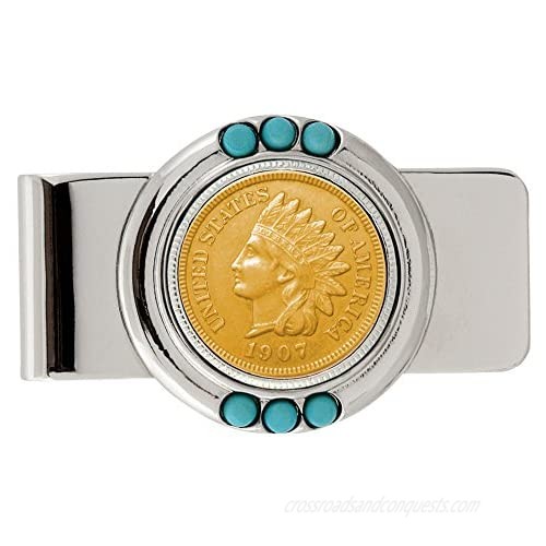 Coin Money Clip - Indian Penny Layered in Pure 24k Gold | Brass Moneyclip Layered in Silver-Tone Rhodium | Genuine Turquoise Stones | Holds Currency  Credit Cards  Cash | Genuine US Coin | Certificate