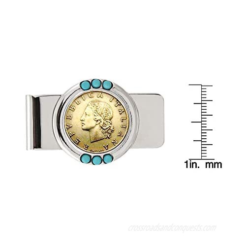 Coin Money Clip - Italian 20 Lira | Brass Moneyclip Layered in Silver-Tone Rhodium with Genuine Turquoise Stones | Holds Currency Credit Cards Cash | Genuine Coin | Certificate of Authenticity