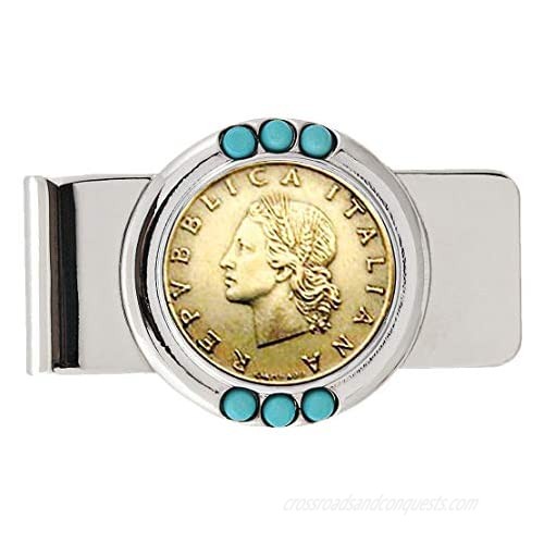 Coin Money Clip - Italian 20 Lira | Brass Moneyclip Layered in Silver-Tone Rhodium with Genuine Turquoise Stones | Holds Currency  Credit Cards  Cash | Genuine Coin | Certificate of Authenticity