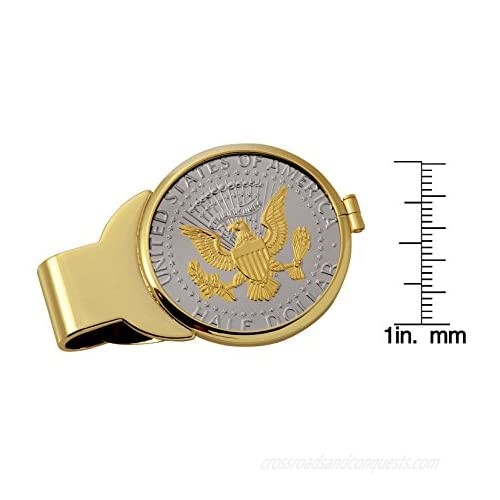 Coin Money Clip - Presidential Seal JFK Half Dollar Selectively Layered in Pure 24k Gold | Brass Moneyclip Layered in Pure 24k Gold | Holds Currency Credit Cards Cash | Genuine U.S. Coin
