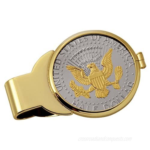 Coin Money Clip - Presidential Seal JFK Half Dollar Selectively Layered in Pure 24k Gold | Brass Moneyclip Layered in Pure 24k Gold | Holds Currency  Credit Cards  Cash | Genuine U.S. Coin