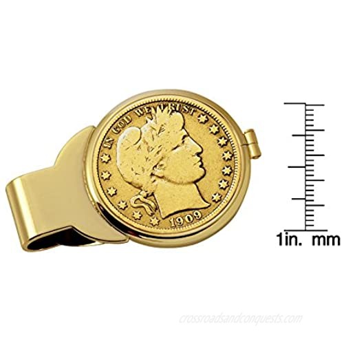 Coin Money Clip - Silver Barber Half Dollar Layered in Pure 24k Gold | Brass Moneyclip Layered in Pure 24k Gold | Holds Currency Credit Cards Cash | Genuine U.S. Coin | Certificate of Authenticity