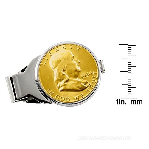 Coin Money Clip - Silver Franklin Half Dollar Layered in Pure 24k Gold | Brass Moneyclip Layered in Silver-Tone Rhodium | Holds Currency Credit Cards Cash | Genuine U.S. Coin