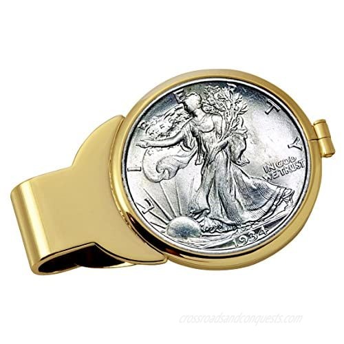 Coin Money Clip - Silver Walking Liberty Half Dollar | Brass Moneyclip Layered in Pure 24k Gold | Holds Currency  Credit Cards  Cash | Genuine U.S. Coin | Includes a Certificate of Authenticity