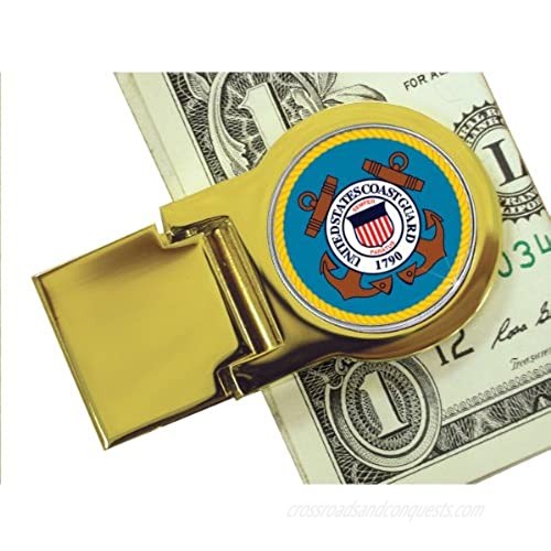 Coin Money Clip - Washington Quarter Colorized with the Coast Guard Emblem | Brass Moneyclip Layered in Pure 24k Gold | Holds Currency  Credit Cards  Cash | Genuine U.S. Coin