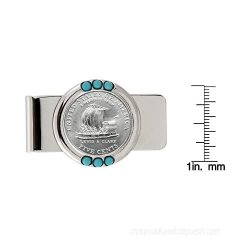 Coin Money Clip - Westward Journey Keelboat Nickel | Brass Moneyclip Layered in Silver-Tone Rhodium | Genuine Turquoise Stones | Holds Currency Credit Cards Cash | Genuine U.S. Coin | Certificate