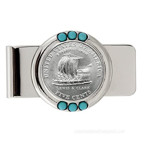 Coin Money Clip - Westward Journey Keelboat Nickel | Brass Moneyclip Layered in Silver-Tone Rhodium | Genuine Turquoise Stones | Holds Currency  Credit Cards  Cash | Genuine U.S. Coin | Certificate