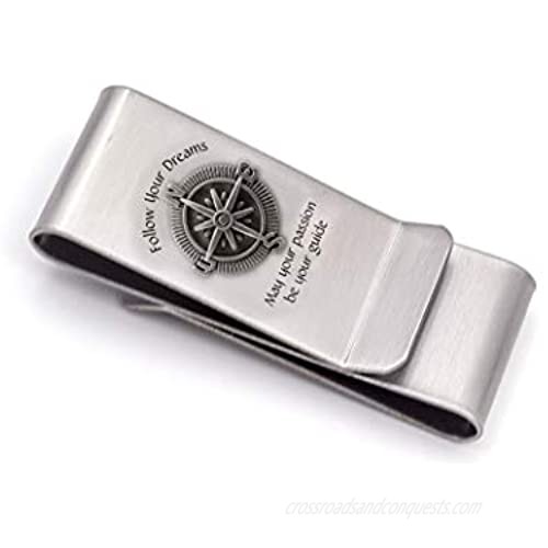 Follow Your Dreams Silver Metal Satin Steel 2 Double Money Clip (Holds Cash and Credit Cards) Perfect Gift for Any Occasion Including Graduation.