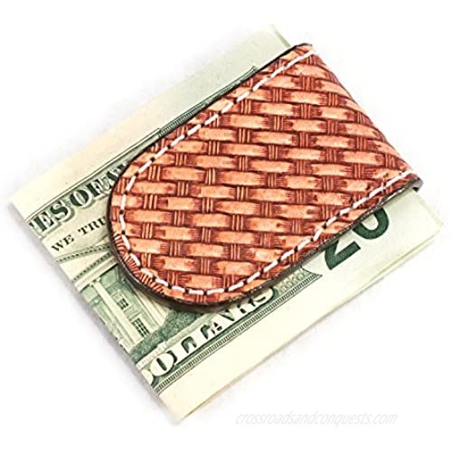 Genuine Leather Basketweave Magnetic Money Clip with Strong Rare Earth Magnets