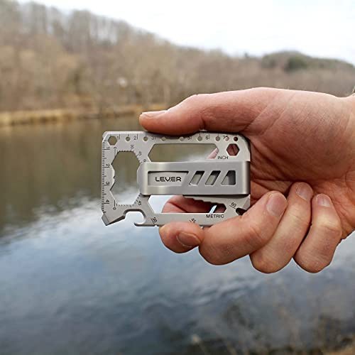 Lever Gear Toolcard Pro with Money Clip - 40 in 1 Credit Card Multitool. Sleek Minimalist Stainless Steel Wallet Multi Tool and Money Clip - Bead Blast Silver
