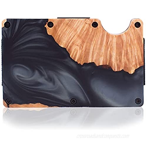 OOZE Slim Wood-Resin Wallet with Money Clip - RFID Blocking Modern Credit Card ID and Business Card Holder for Men - Unique Natural Wood and Flowing Resin Design - Accordion Elastic Band Mechanism Fits 15+ Cards (Charcoal Black)