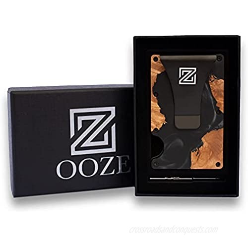 OOZE Slim Wood-Resin Wallet with Money Clip - RFID Blocking Modern Credit Card ID and Business Card Holder for Men - Unique Natural Wood and Flowing Resin Design - Accordion Elastic Band Mechanism Fits 15+ Cards (Charcoal Black)