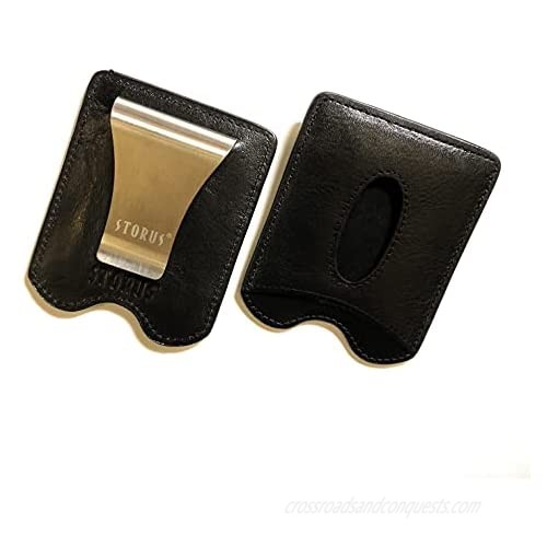 Storus Smart Money Clip Leather  Stainless Steel Money Clip + Leather Wallet  Minimalist RFID Black Italian Leather  for Men  Women  Gift 1pc
